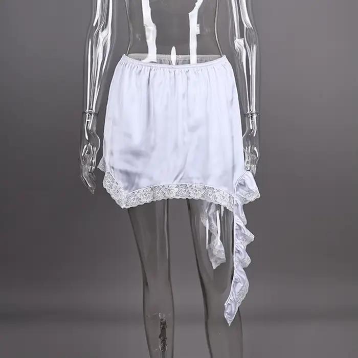 Linad Sexy dentelle blanc asymétrique jupes mi-longues rue Chic Satin taille haute jupe mince été décontracté solide jupe femme 2025