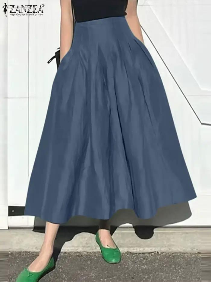 Mode femmes jupes longues ZANZEA été solide Jupe plissée Eelgant une ligne fête travail robes taille haute Faldas Saia