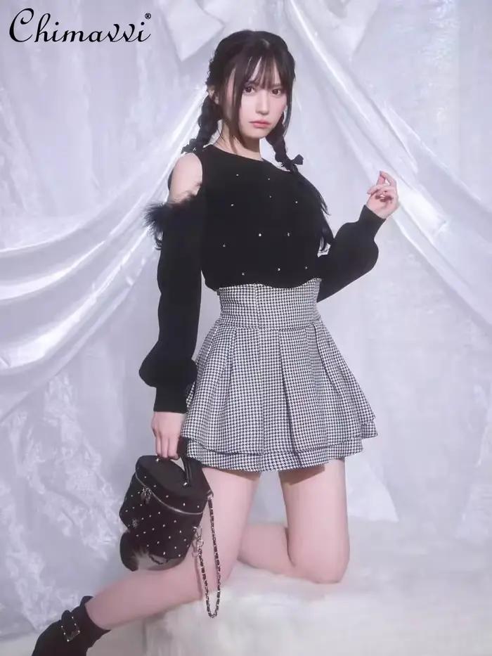 Japonais Lolita jupes à volants plissé jupe à carreaux femmes 2025 printemps nouveau élastique taille haute minceur