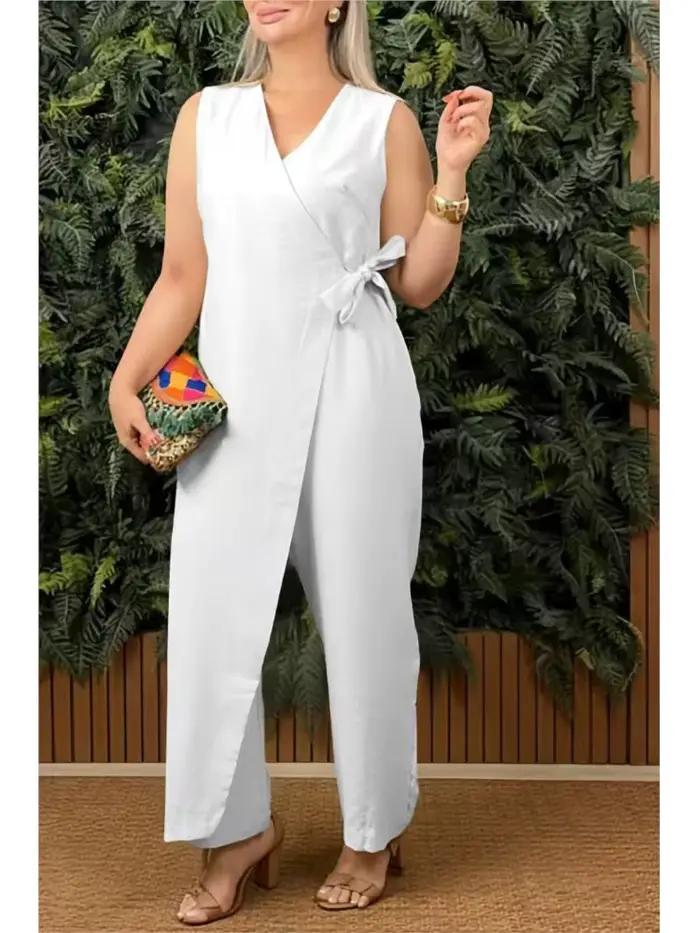 Femme combinaison décontractée col en v sans manches à lacets combinaisons pour femmes mode bureau vacances femmes vêtements combinaisons été nouveau