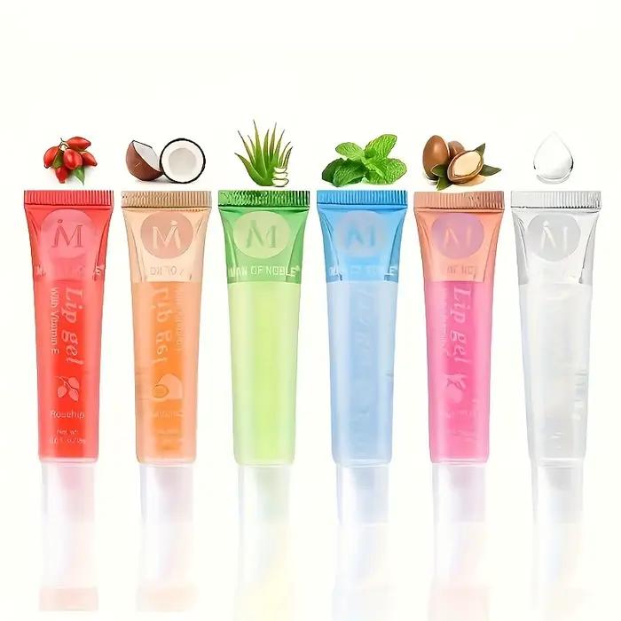 6 pièces/ensemble, brillant à lèvres transparent hydratant, VE, églantier, argan, hongole poivrée, saveur de noix de coco, huiles à lèvres repulpantes translucides cadeau S