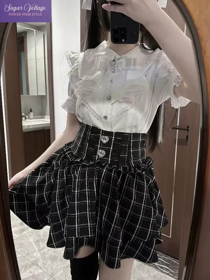 Japonais mignon doux Y2k Lolita gâteau jupe femmes taille haute strass Plaid à volants couches jupes Kawaii a-ligne Mini jupes polyester volants fantaisie occassions spéciales