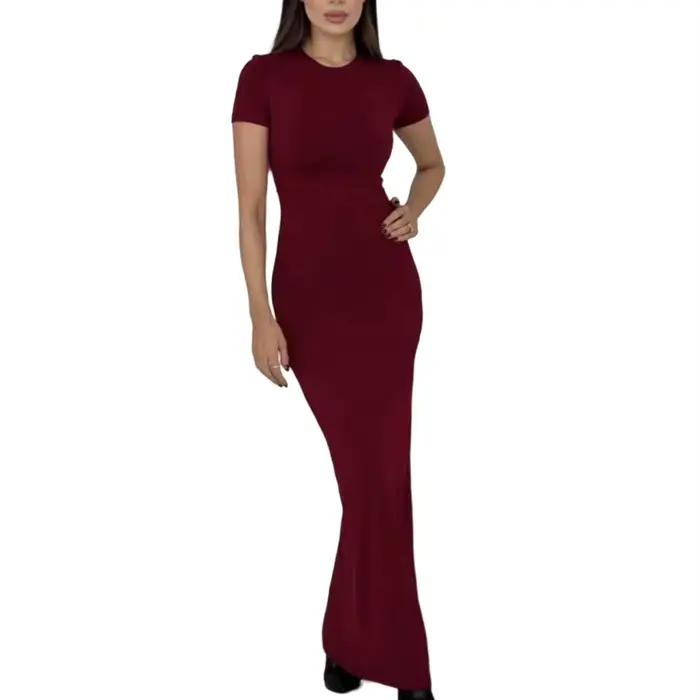 Robe T-shirt longue ajustée élastique pour femmes, décontractée, solide couleur, ajustée mince, col rond, manches courtes, adapté aux vacances et événements festifs