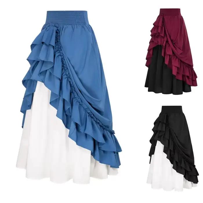 Jupes médiévales rétro pour femmes, Vintage Renaissance victorienne, ourlet à volants, jupes trapèze, Costumes de Cosplay, jupe Maxi taille haute