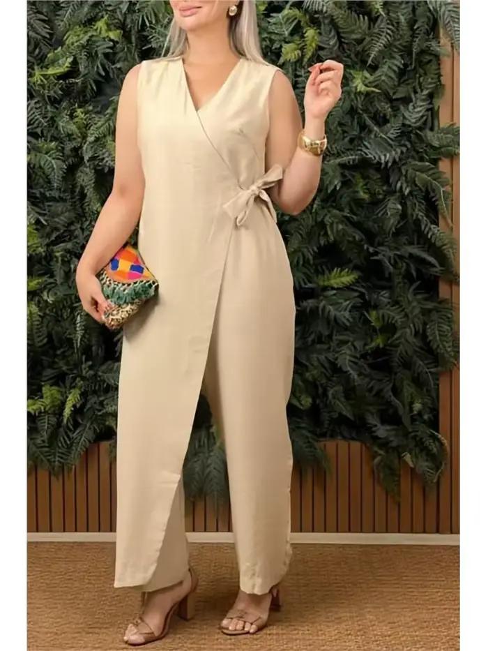 Femme combinaison décontractée col en v sans manches à lacets combinaisons pour femmes mode bureau vacances femmes vêtements combinaisons été nouveau