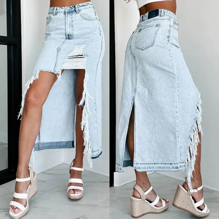 Jupes en Denim déchirées en détresse