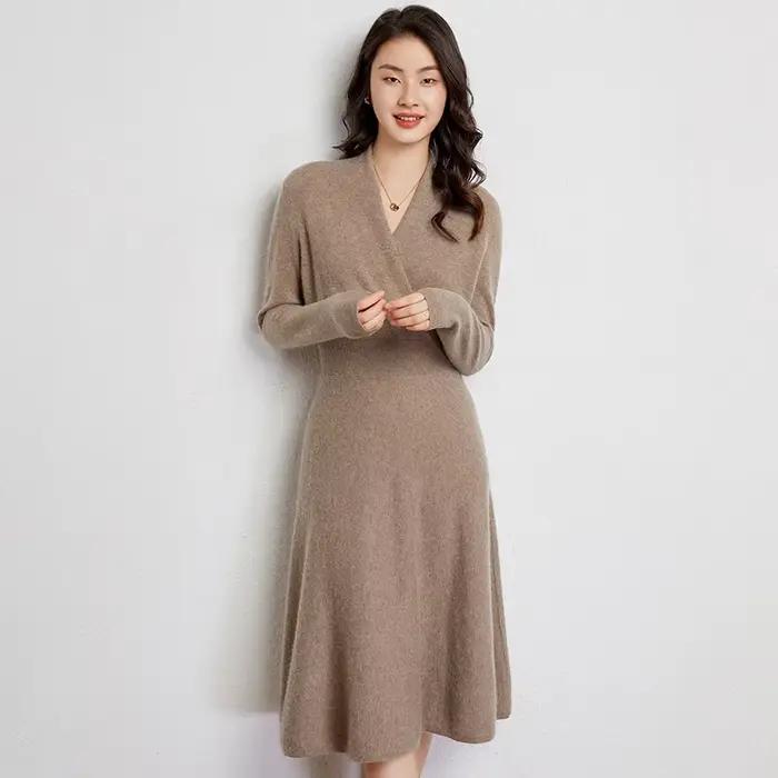 Jupe en cachemire pour femmes avec décolleté en V, longueur aux genoux, matière douce et élastique, style bureau dame, adapté aux saisons d'automne et d'hiver