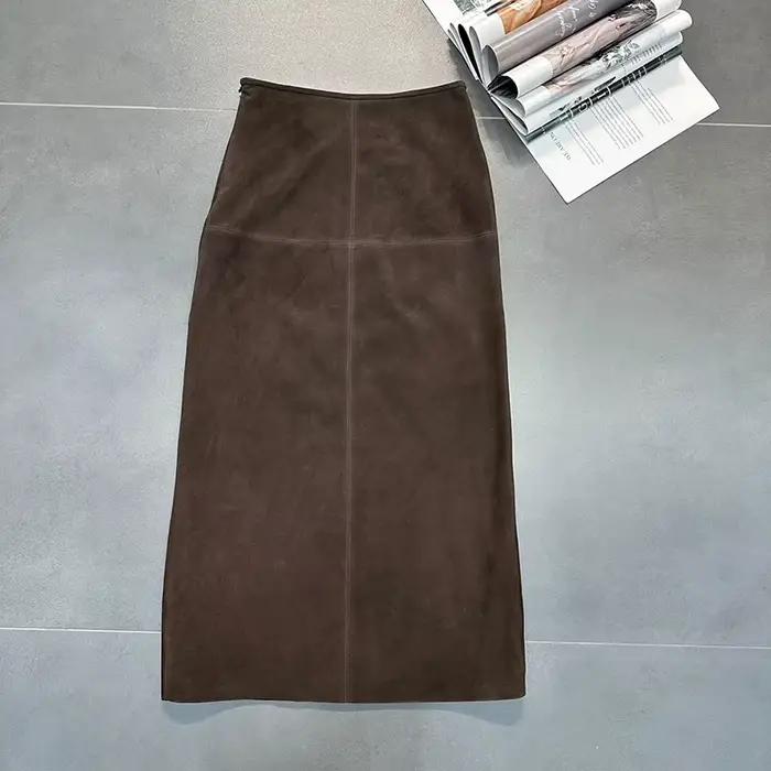 Femmes en cuir véritable Jupe taille haute café longue enveloppement hanche Style printemps automne décontracté dos