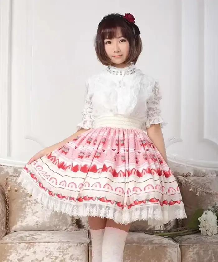 Jupe trapèze japonaise douce rose, jupe courte plissée en dentelle imprimée fraise, longueur aux genoux