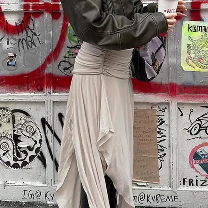 Jupe longue décontractée à cordon de serrage pour femmes, ourlet fendu, ample, mi-longue, silhouette une ligne, style streetwear chic pour automne et tenues élégantes
