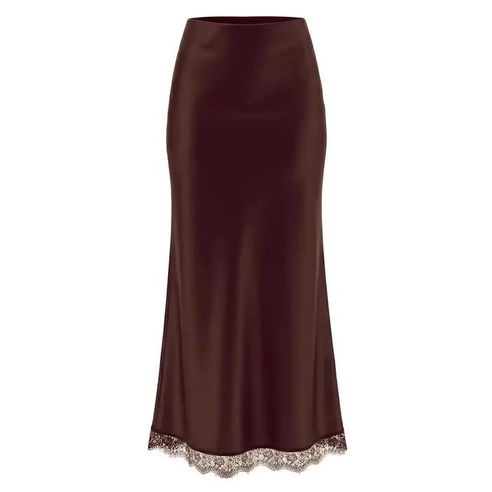 Jupe longue fendue en satin noir pour femme, sexy, moulante, en soie, avec fente, pour l'été, jupe formelle en dentelle de luxe pour femme