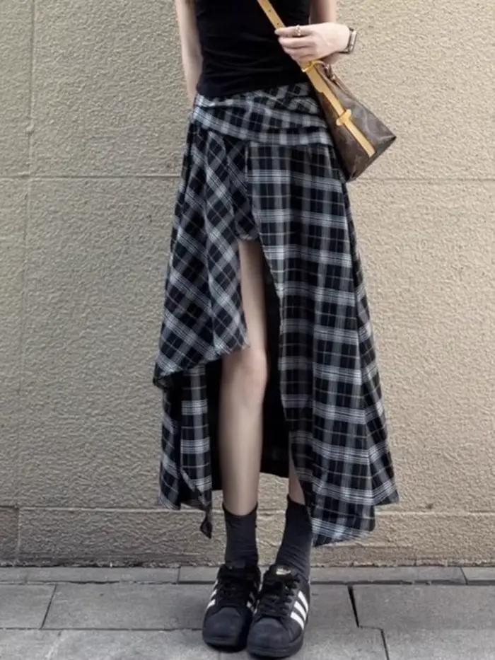 Jupe longue fendue à carreaux sexy pour femme