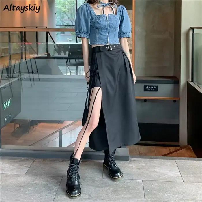 Jupes trapèze taille haute pour femmes, streetwear, nœud fendu sur le côté, rétro, sexy, irrégulier, élégant, nouveau design de mode, chaud, été