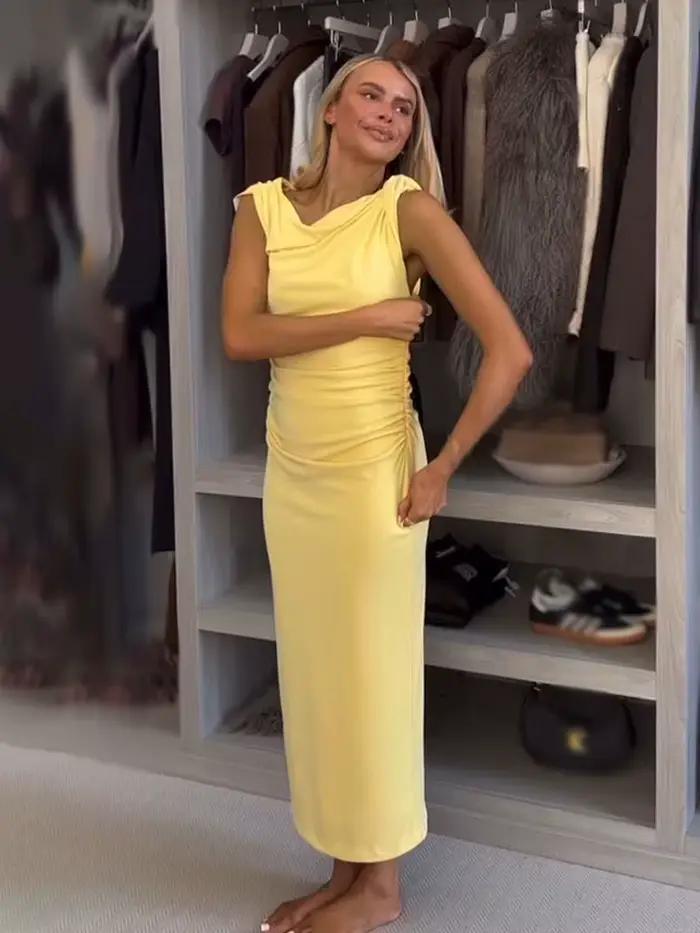 HH – robe fourreau longue élégante pour femmes, jaune, col rond, sans manches, plis décoratifs, fermeture éclair, mode fendue, été