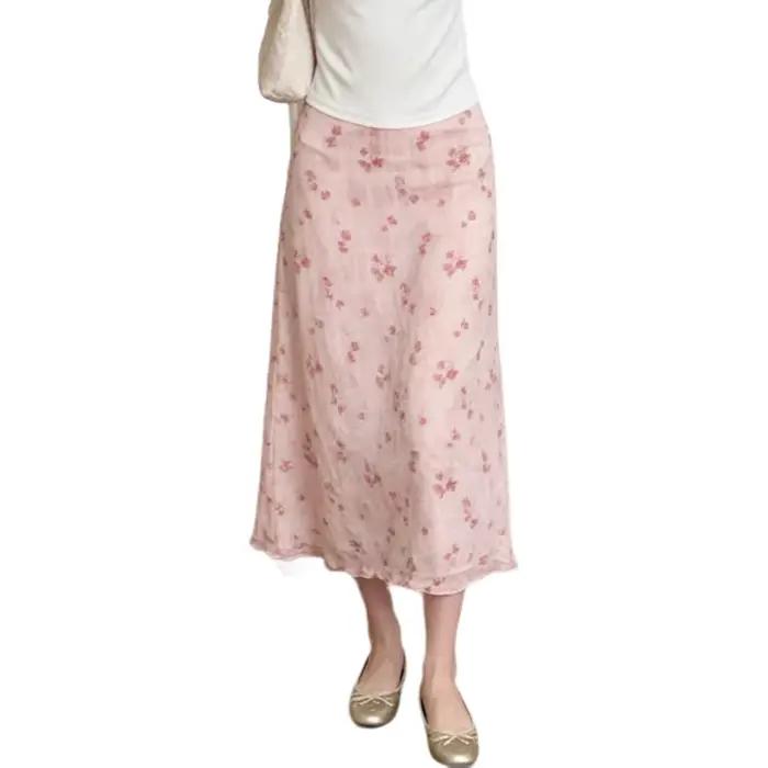 Jupe mi-longue évasée à imprimé floral, taille haute, amincissante, pour femme, nouveau style d'été, mi-longue, rose et bleue, en mélange de polyester