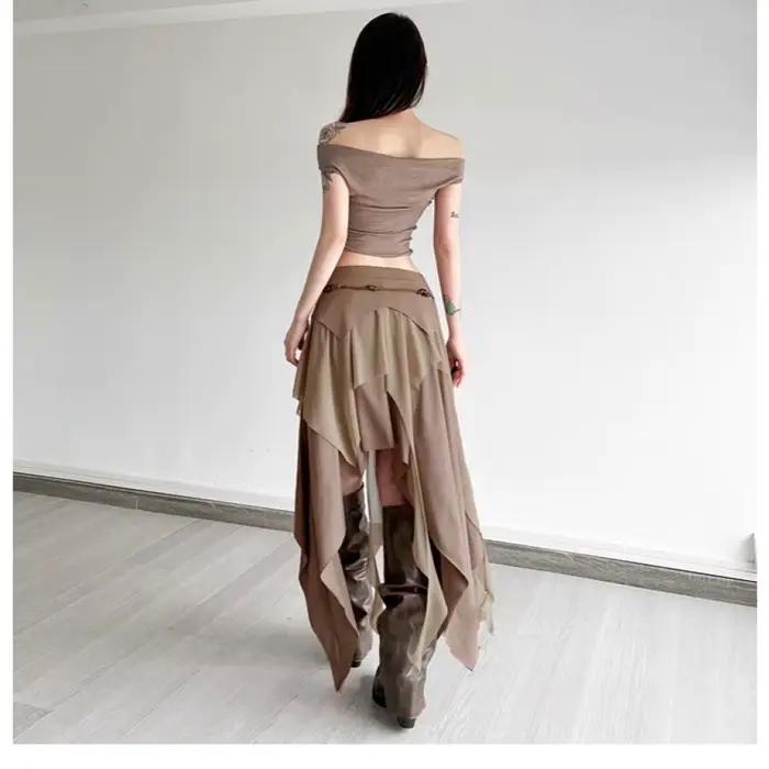 Froncé élégant jupes longues femmes haute rue Style solide irrégulière ourlet fendu taille