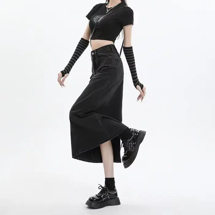 Jupe en jean mi-longue taille haute fendue amincissante pour femme