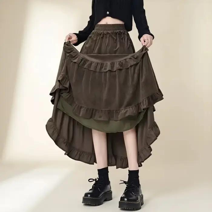 Jupe d'automne et d'hiver, jupe épissée avec oreilles marron et noires, nouvelle jupe gâteau pour femmes, grande jupe parapluie plissée