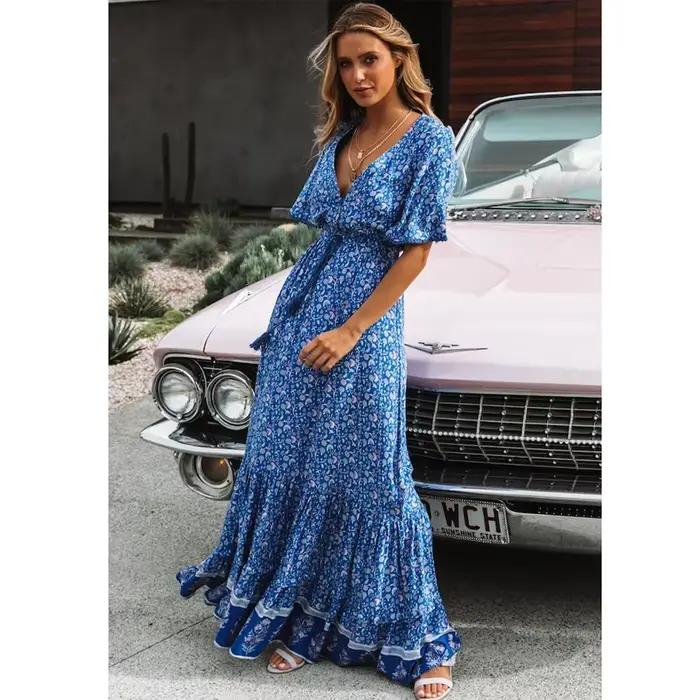 Robe maxi TEELYNN en coton bleu rayonne imprimé floral sexy v profond boho été ample hiphélicoptère longue éducative