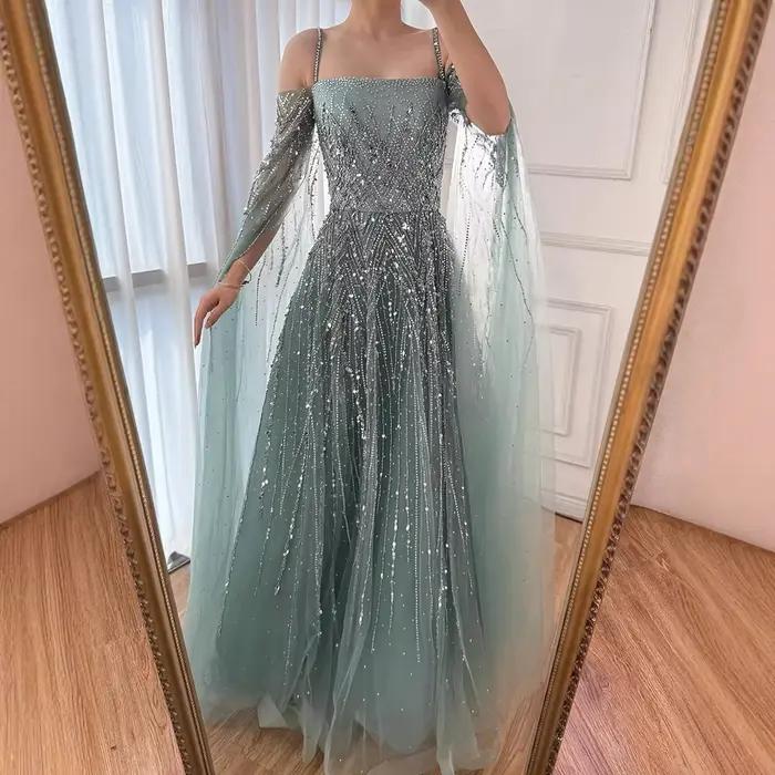 Robe de soirée de luxe ligne A, Turquoise, avec Cape à manches longues, pour occasions formelles, Serene Hill, 2021, LA72957, personnalisée