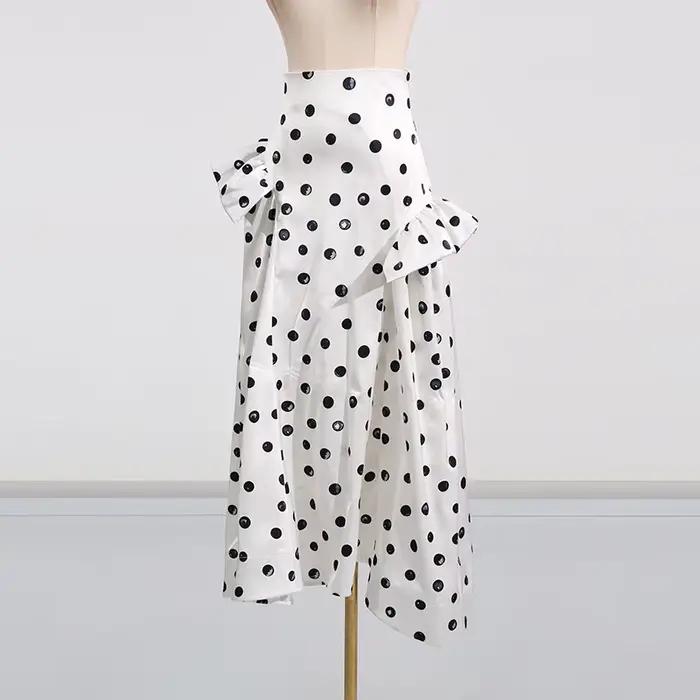 Jupe buste pour femmes nouvelle robe longue plissée à pois noirs high street élégante pour femmes toutes les saisons polyester mi-mollet