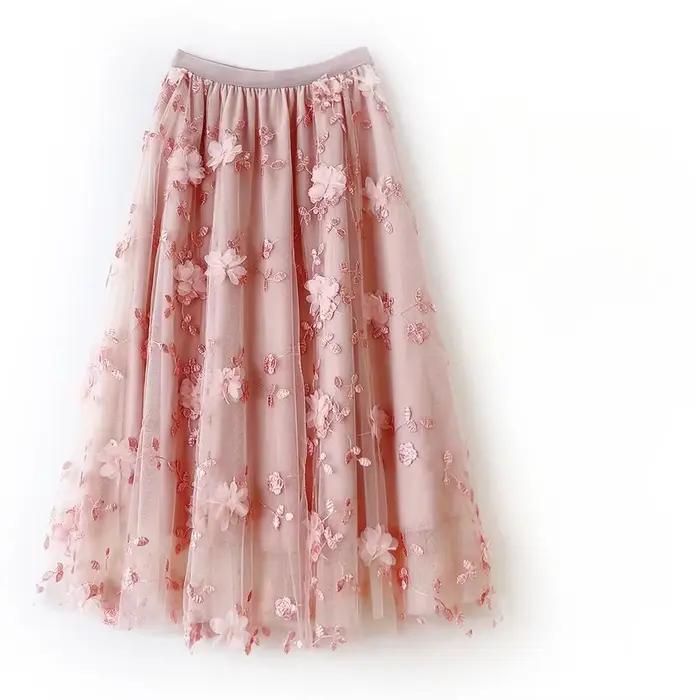 Jupe mi-longue en tulle taille haute brodée de fleurs 3D pour femmes