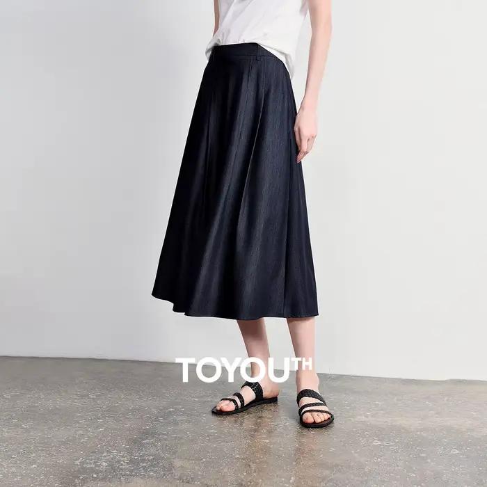 Jupe plissée trapèze TOYOUTH pour femme, effet denim, nouvelle collection été 2026, style rétro Old Money, simple et élégante, dissimule les hanches