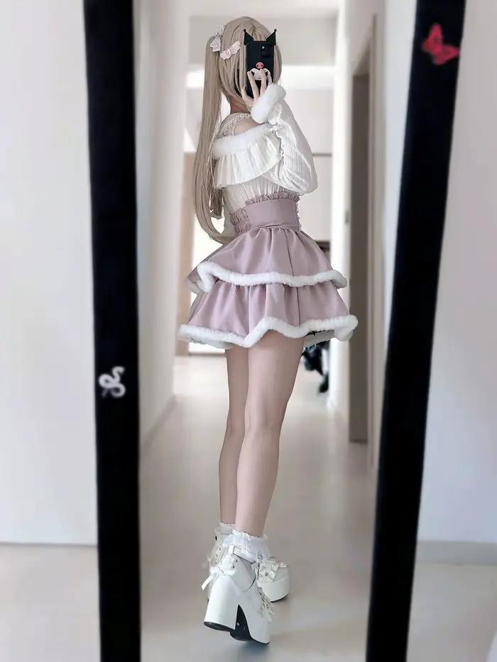 Ensemble jupe courte et haut tricoté Lolita en dentelle perlée avec nœud papillon en peluche pour filles - Collection Automne Hiver