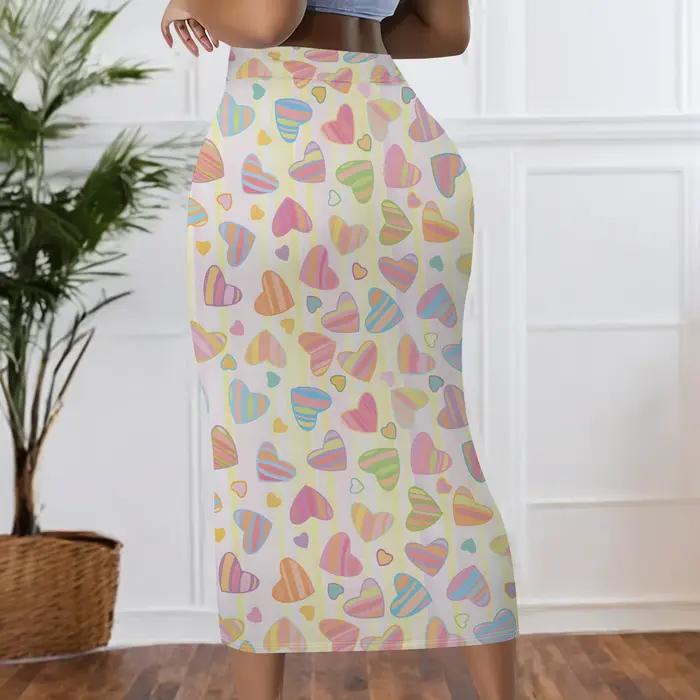 Jupe midi à imprimé cœurs pastel