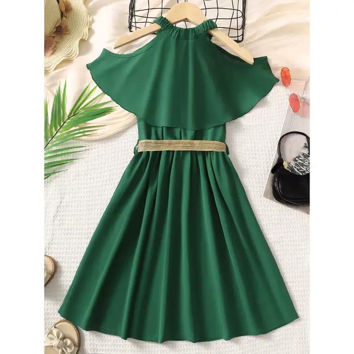 Robe de princesse pour filles de 8 à 12 ans, épaules dénudées, verte, avec ceinture, pour enfants filles, école d'été, tenue trapèze décontractée quotidienne