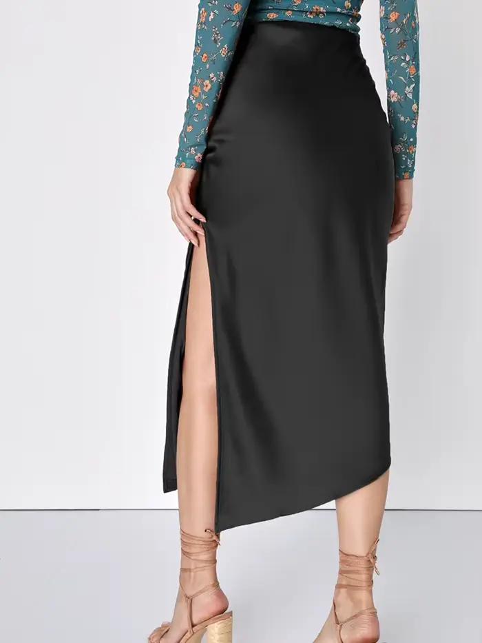 Jupe asymétrique longue en Satin noir pour femmes