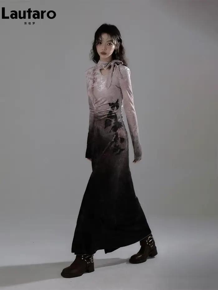 Lautaro printemps longue colorée soirée robes mi-longues femme avec fente haute élégant luxe dégradé imprimé fleuri Vlevet robe 2025