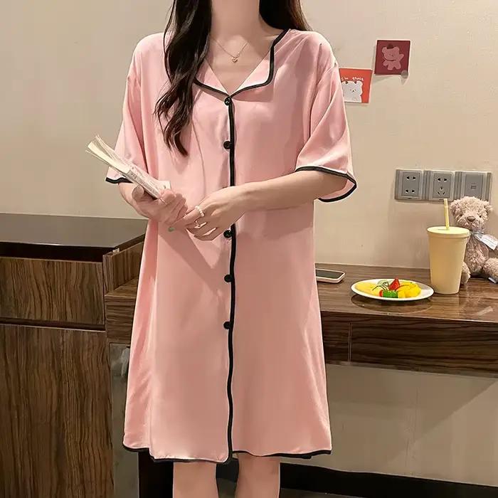 Grande taille M-4XL chemise de nuit pour femmes été doux à manches courtes robe de maison glace soie jupe de nuit Cardigan mignon robe de nuit coréenne