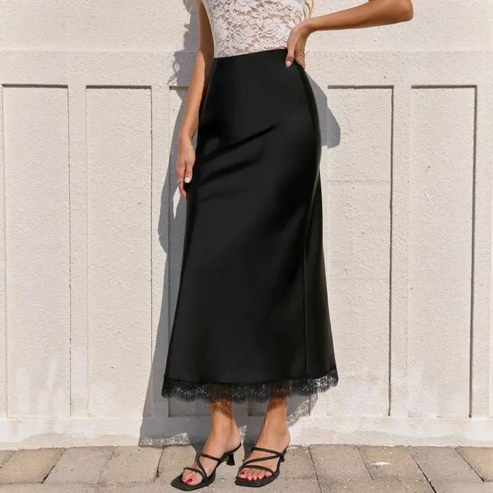 Jupe longue fendue en satin noir pour femme, sexy, moulante, en soie, avec fente, pour l'été, jupe formelle en dentelle de luxe pour femme