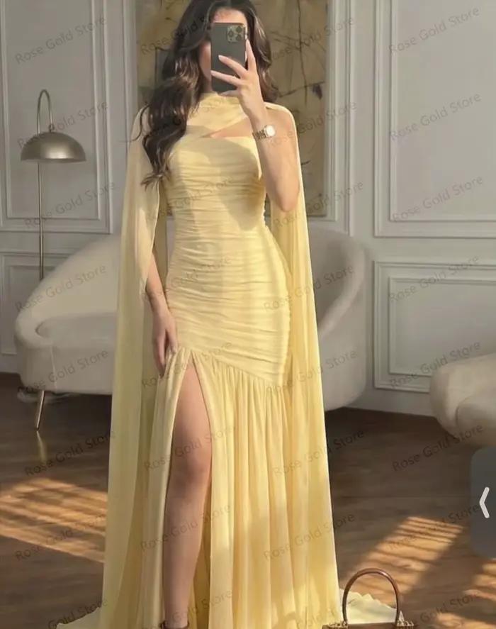 Robes de soirée chics et fluides avec fente latérale, jupe froncée, robe de fête de luxe avec châle, robe de bal, Vestidos personnalisables