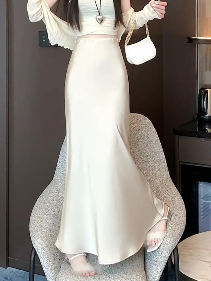 Jupes longues en Satin élégantes pour femmes, vêtements de mode coréenne, taille haute élastique, jupe noire, Streetwear d'été, jupe Midi trapèze, 2025