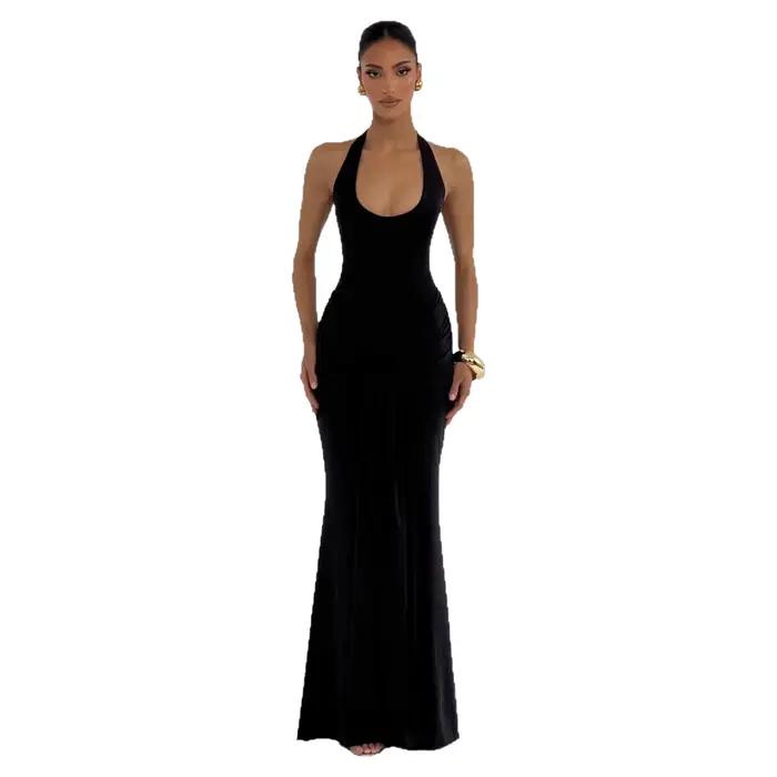 Robe longue élégante à col en U et ceinture