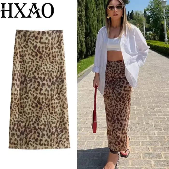 HXAO Tulle léopard jupes pour femmes Vintage été jupe longue femme imprimer élégant