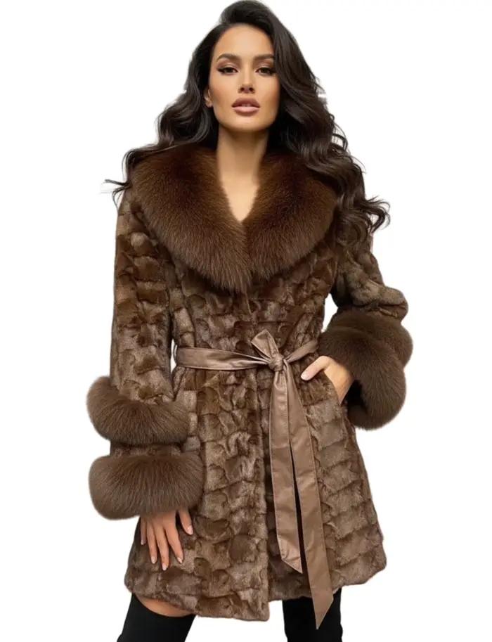 Manteau en fourrure de vison véritable pour femmes, veste avec col en fourrure de renard, pardessus Long élégant de luxe