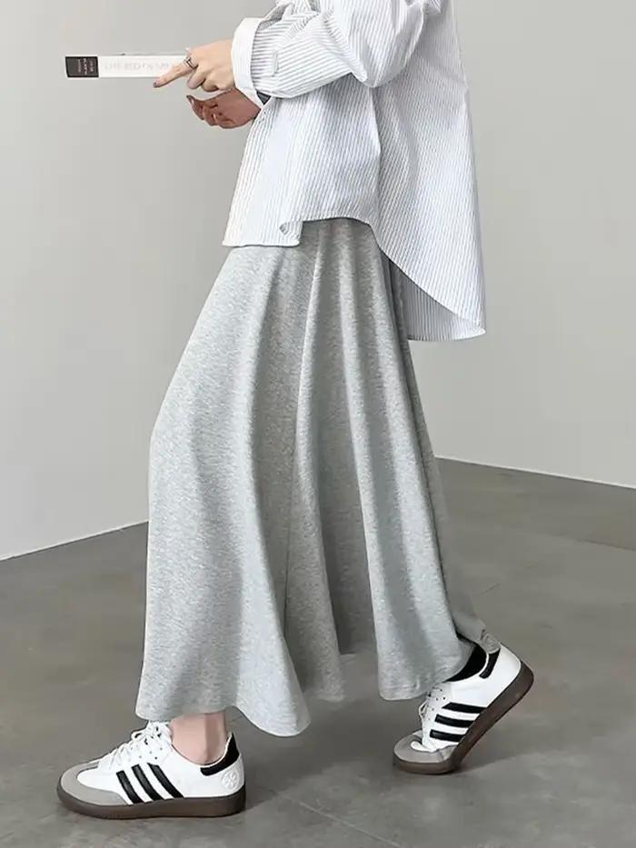 Décontracté coréen gris jupes longues femmes taille haute Style Preppy jupe mignonne printemps Vintage femme élégante Simple une ligne jupes