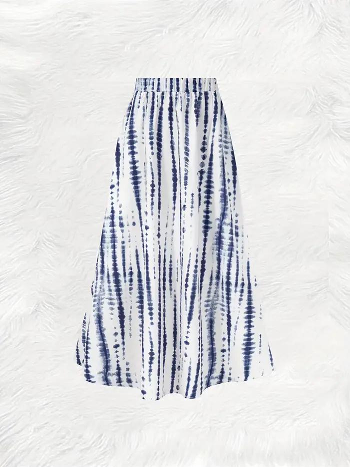 Jupe mi-longue décontractée pour femme, imprimé bleu encre, taille haute, coupe trapèze, plissée, taille élastique, pour l'été et le bureau