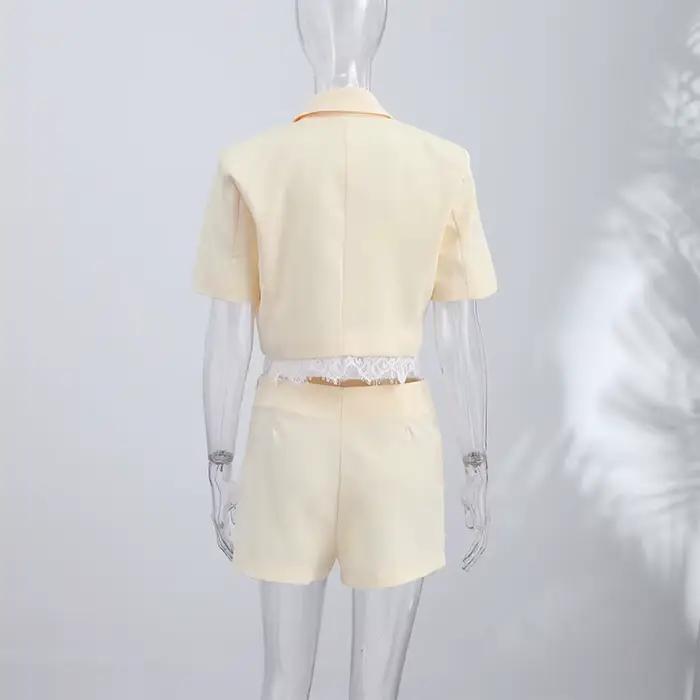 Ensemble deux pièces en dentelle pour femme : Blazer à manches courtes et jupe enveloppante