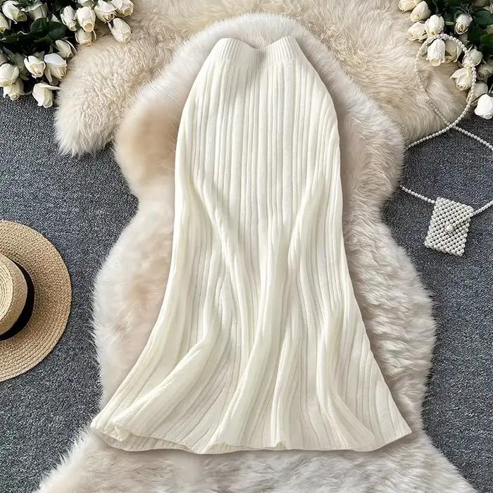 Jupe midi en maille côtelée crème pour femme, taille haute, coupe ajustée, ourlet évasé, décontractée pour le quotidien