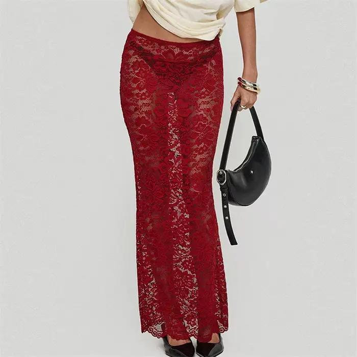 Jupe longue florale en dentelle transparente pour femmes