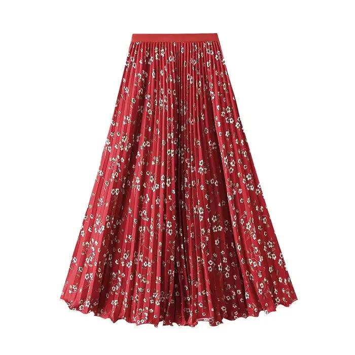 Jupe longue plissée mi-longue taille haute à imprimé floral coréen pour femme, style bohème, avec large ourlet et taille élastique