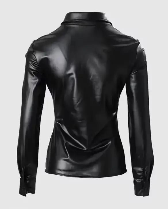 Chemise boutonnée sur le devant en simili cuir pour femme avec col à revers froncé Haut à manches longues élégant et confortable