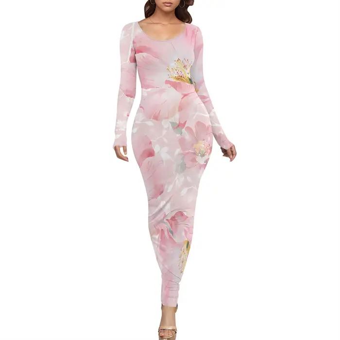 Robe portefeuille à manches longues, Sexy, col bateau, moulante, longueur cheville, fleur, Maxi, robes flatteuses pour cacher le ventre, automne