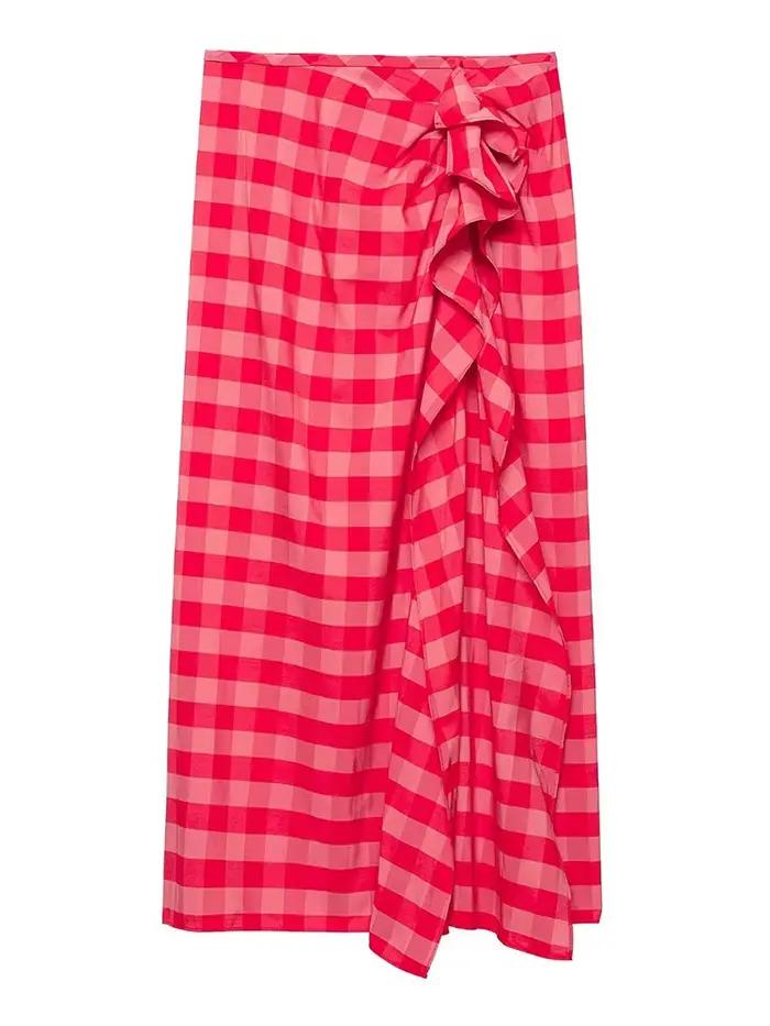 Jupe midi élégante HH en tissu écossais rouge pour femme