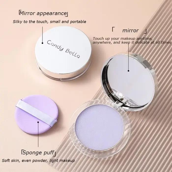 Poudre à réglage mat durable, contrôle de l'huile, poudre pressée à paillettes violettes, éclaircissante pour le visage, gelée, fond de teint Compact, maquillage
