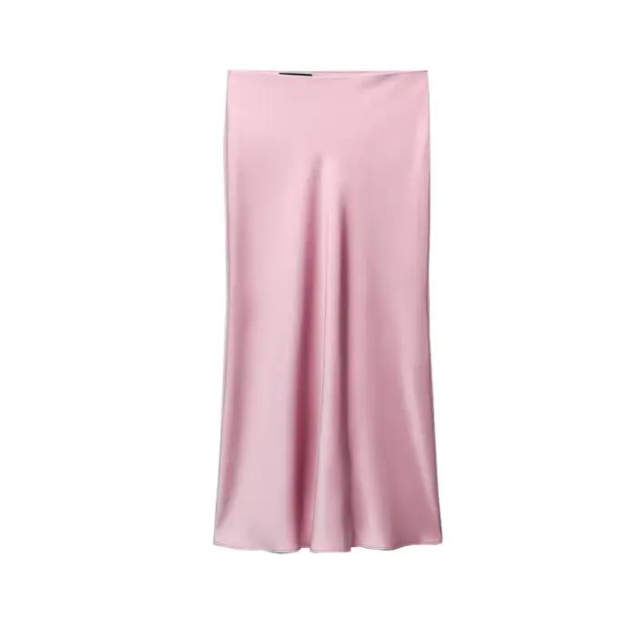 Jupe longue en satin rose doux pour femmes